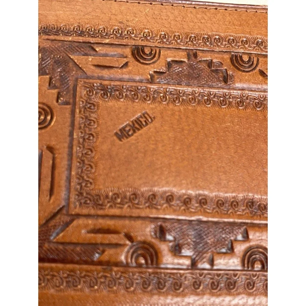 VTG Handcrafted Mexican Tooled Leather Bifold Wallet Aztec Calendar Sun ID Slot
